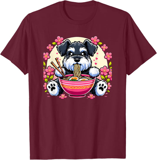 Kawaii Giant Schnauzer Dog Eating Ramen T-Shirt - T-Shirt | Maroon