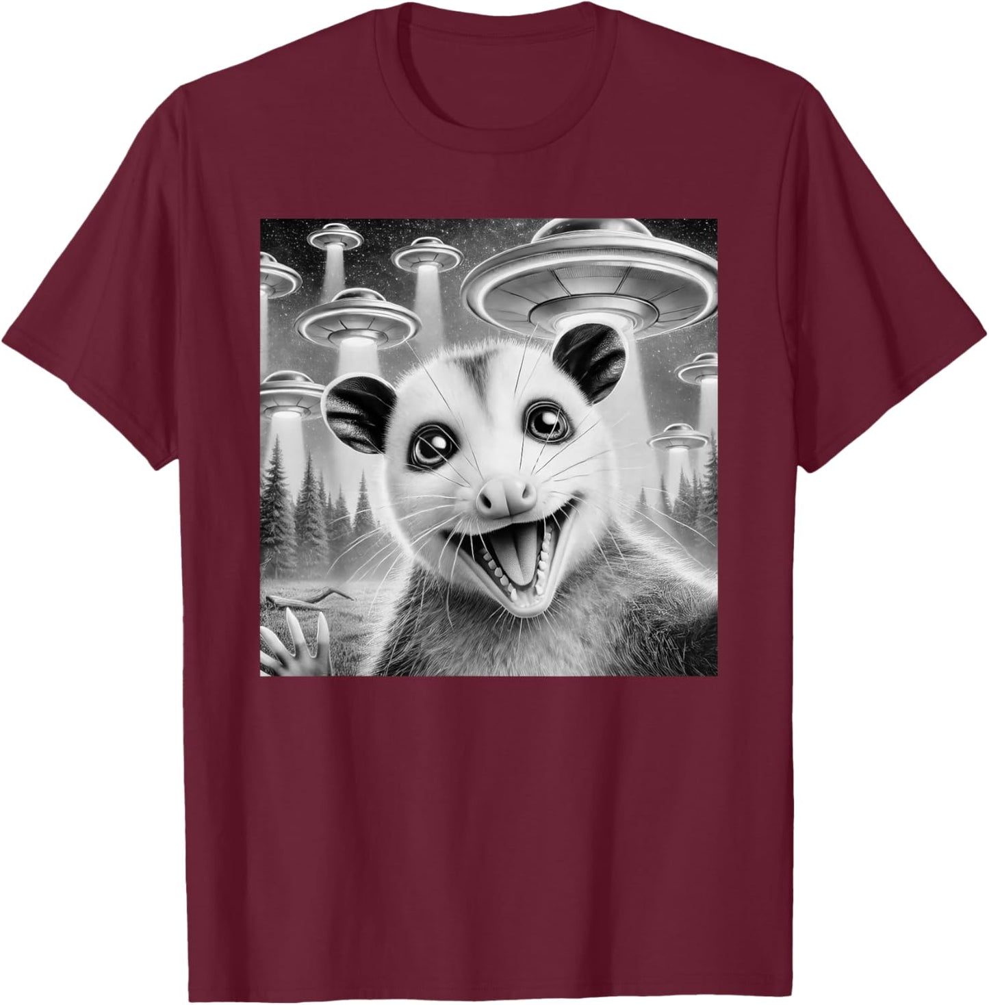 Opossum Selfie With Alien UFO Meme Men Women Kids T-Shirt - T-Shirt | Maroon