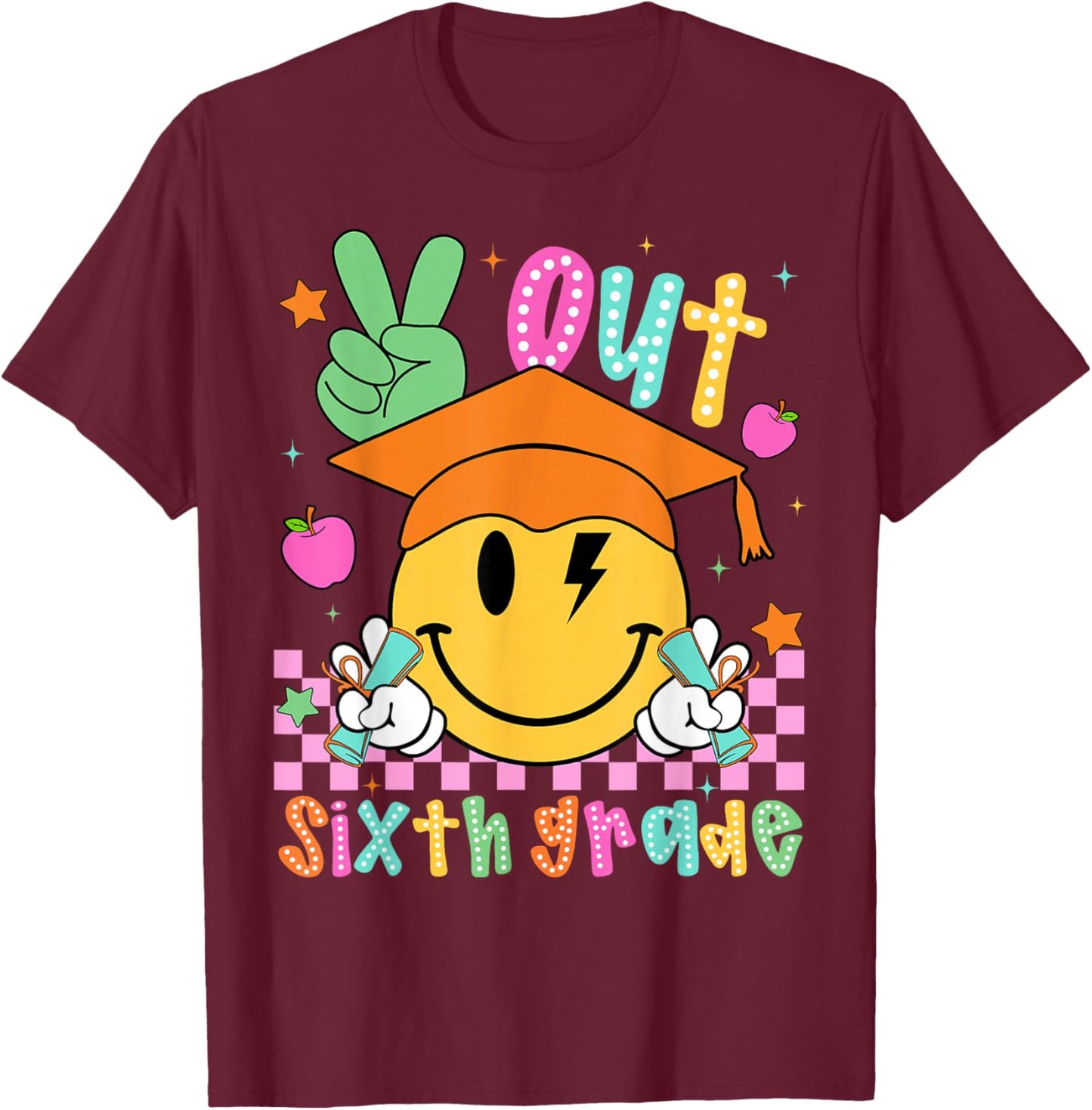Last Day of School Peace Out 6th Grade Boy Girl Smile Face T-Shirt - T-Shirt | Maroon