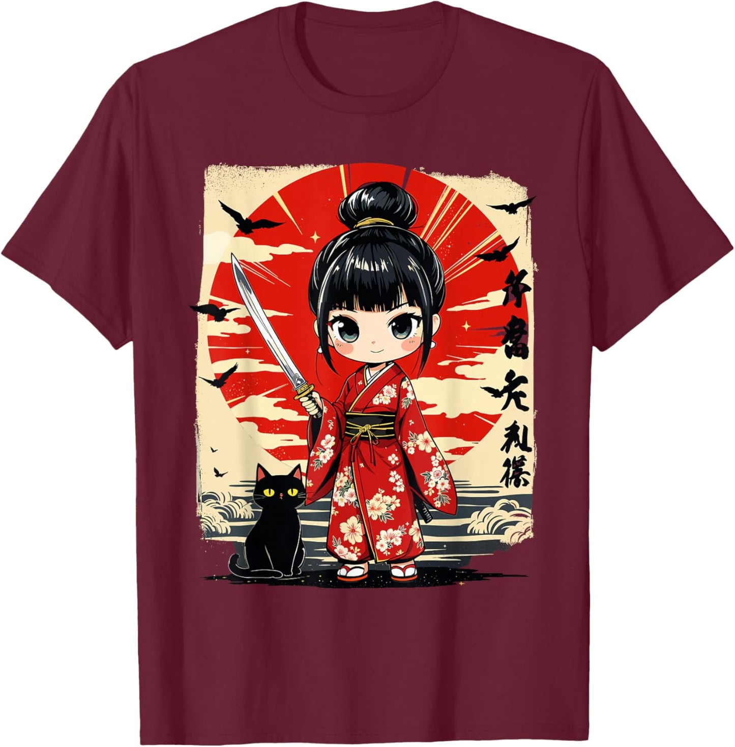 Cute Kawaii Samurai Girl and Cat Japanese Anime Kids Girls T-Shirt - T-Shirt | Maroon