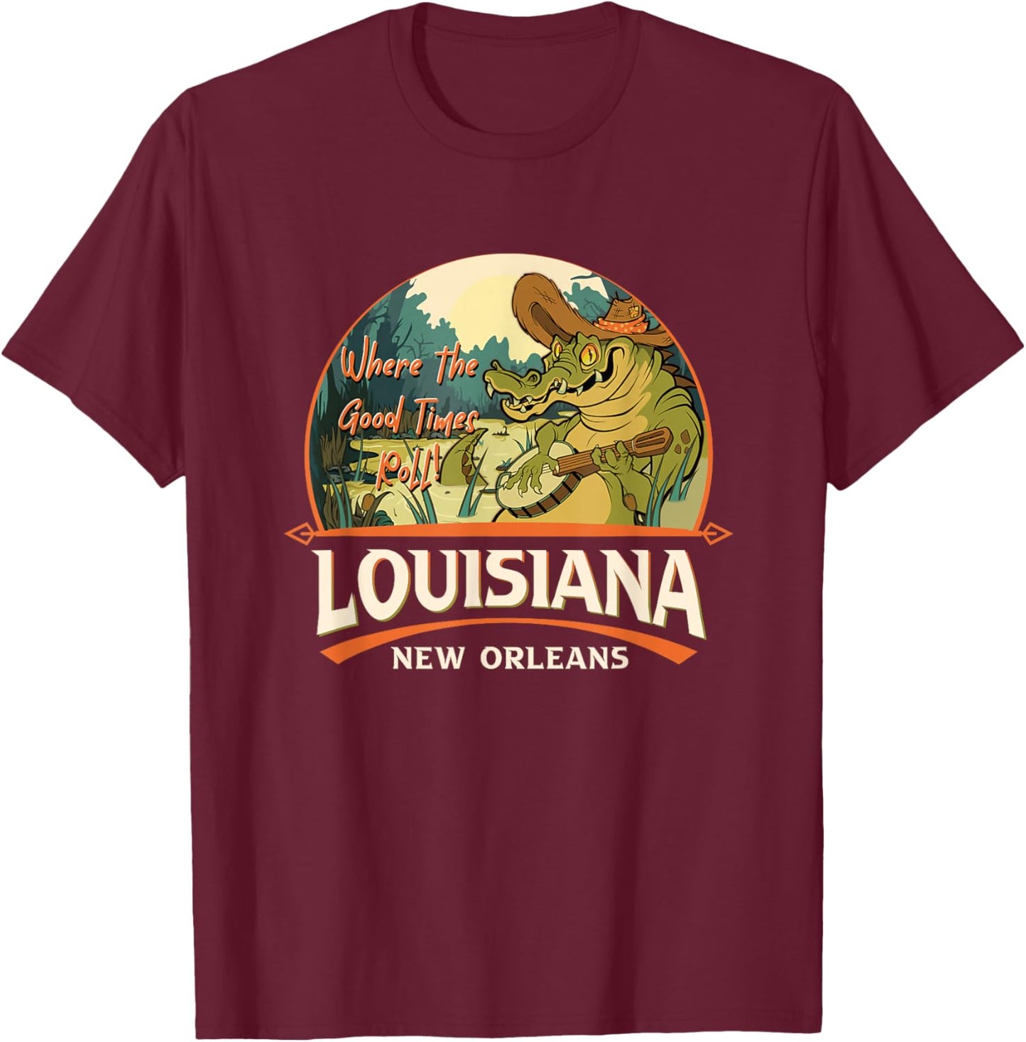 New Orleans Louisiana LA USA Swamp Alligator Playing Banjo T-Shirt - T-Shirt | Maroon