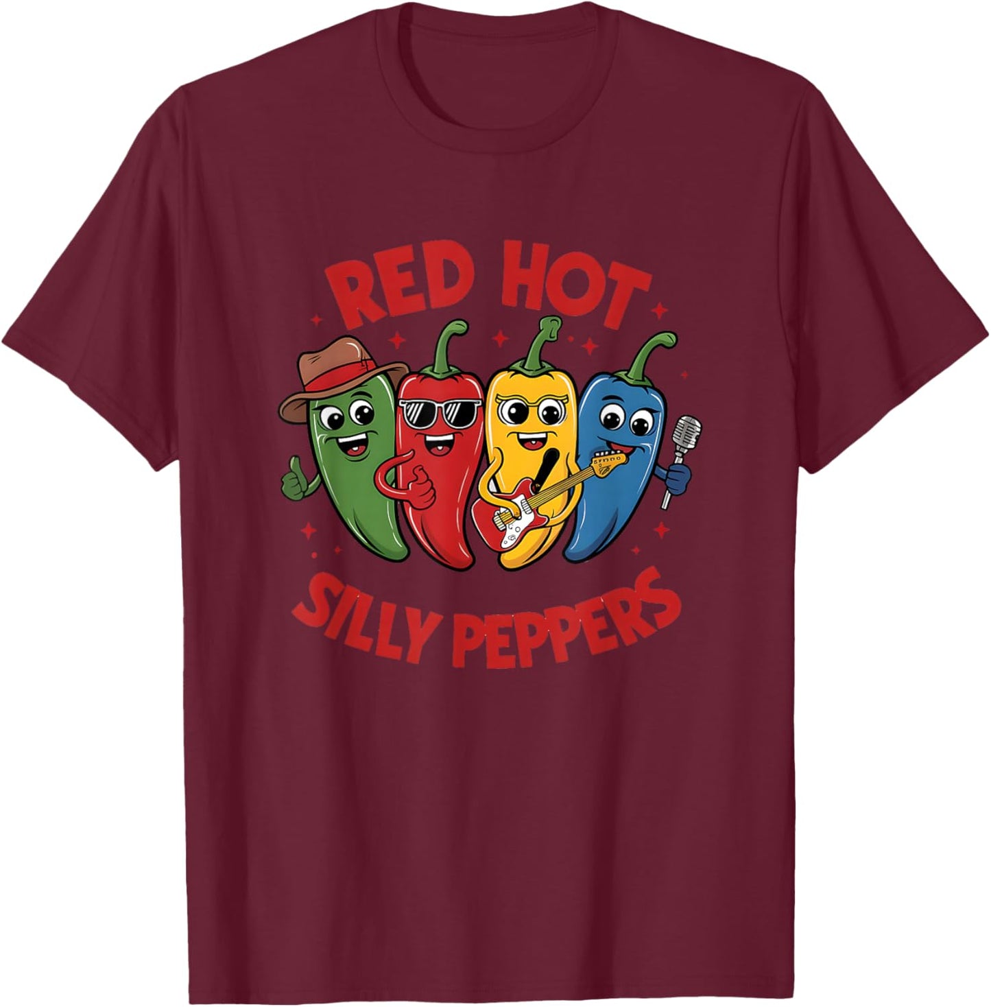 Red Hot Silly Peppers Fun Cartoon T-Shirt - T-Shirt | Maroon