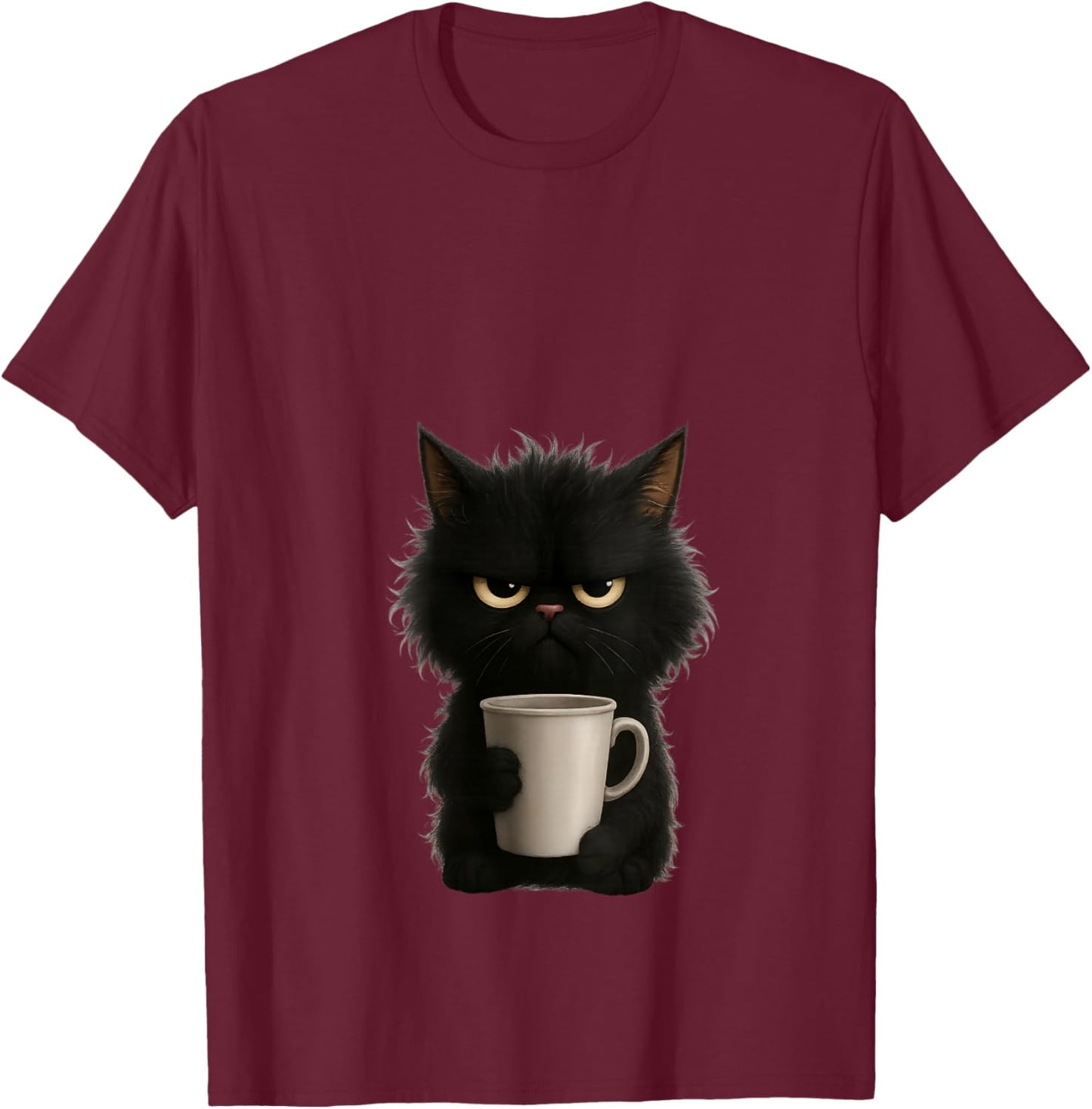Grumpy Black Cat Coffee Mug Morning Mood Design V-Neck T-Shirt - T-Shirt | Maroon