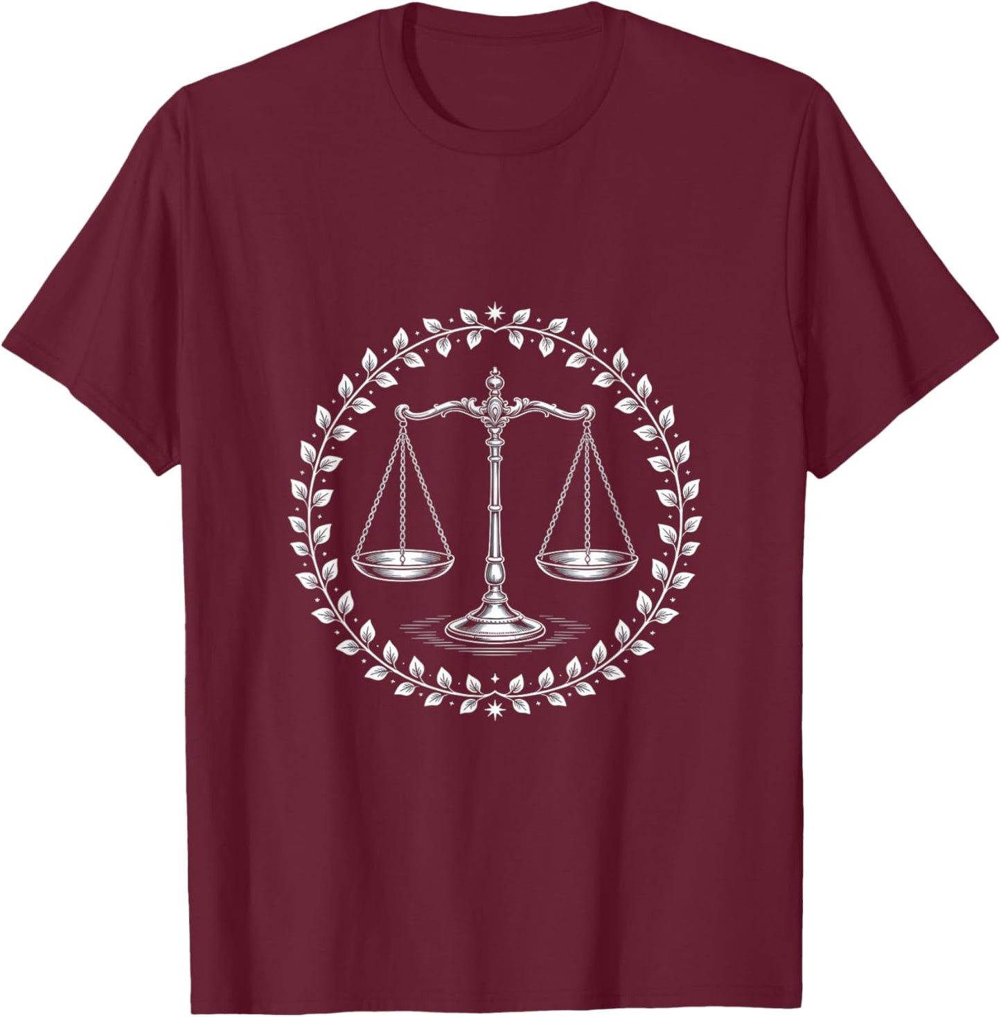 Law Balance Scales Emblem with Laurel Wreath T-Shirt - T-Shirt | Maroon