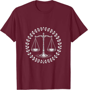 Law Balance Scales Emblem with Laurel Wreath T-Shirt - T-Shirt | Maroon