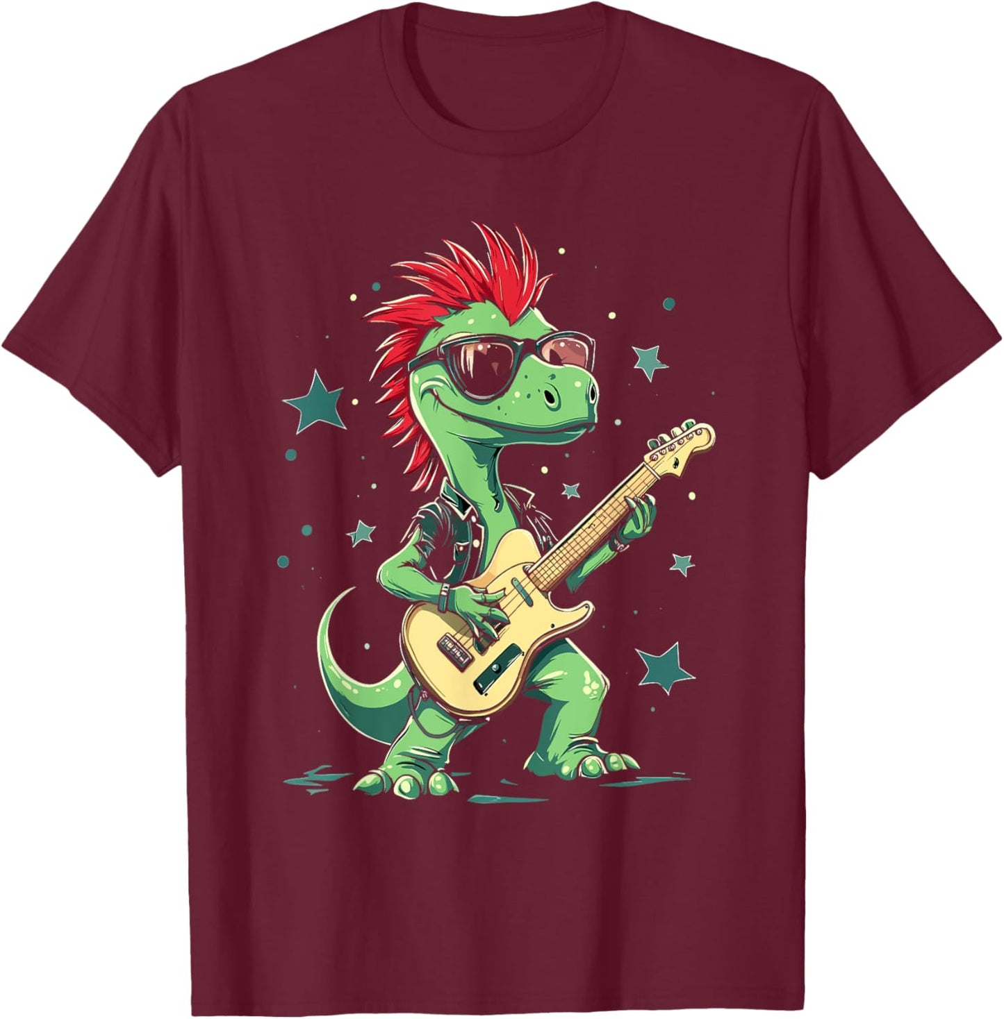Funny T-Rex Dinosaurs with cool electric Guitar T-Shirt - T-Shirt | Maroon