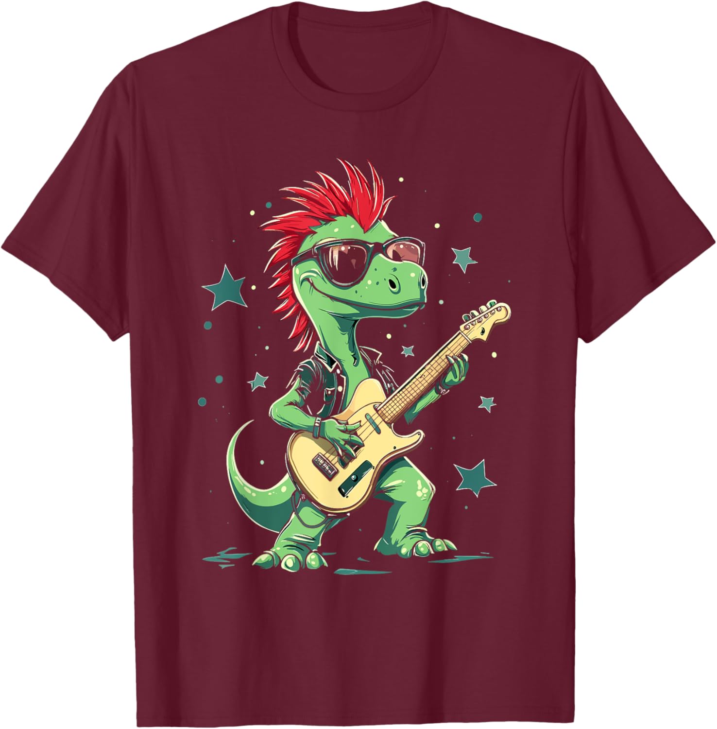Funny T-Rex Dinosaurs with cool electric Guitar T-Shirt - T-Shirt | Maroon