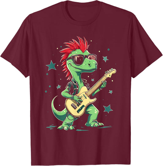 Funny T-Rex Dinosaurs with cool electric Guitar T-Shirt - T-Shirt | Maroon
