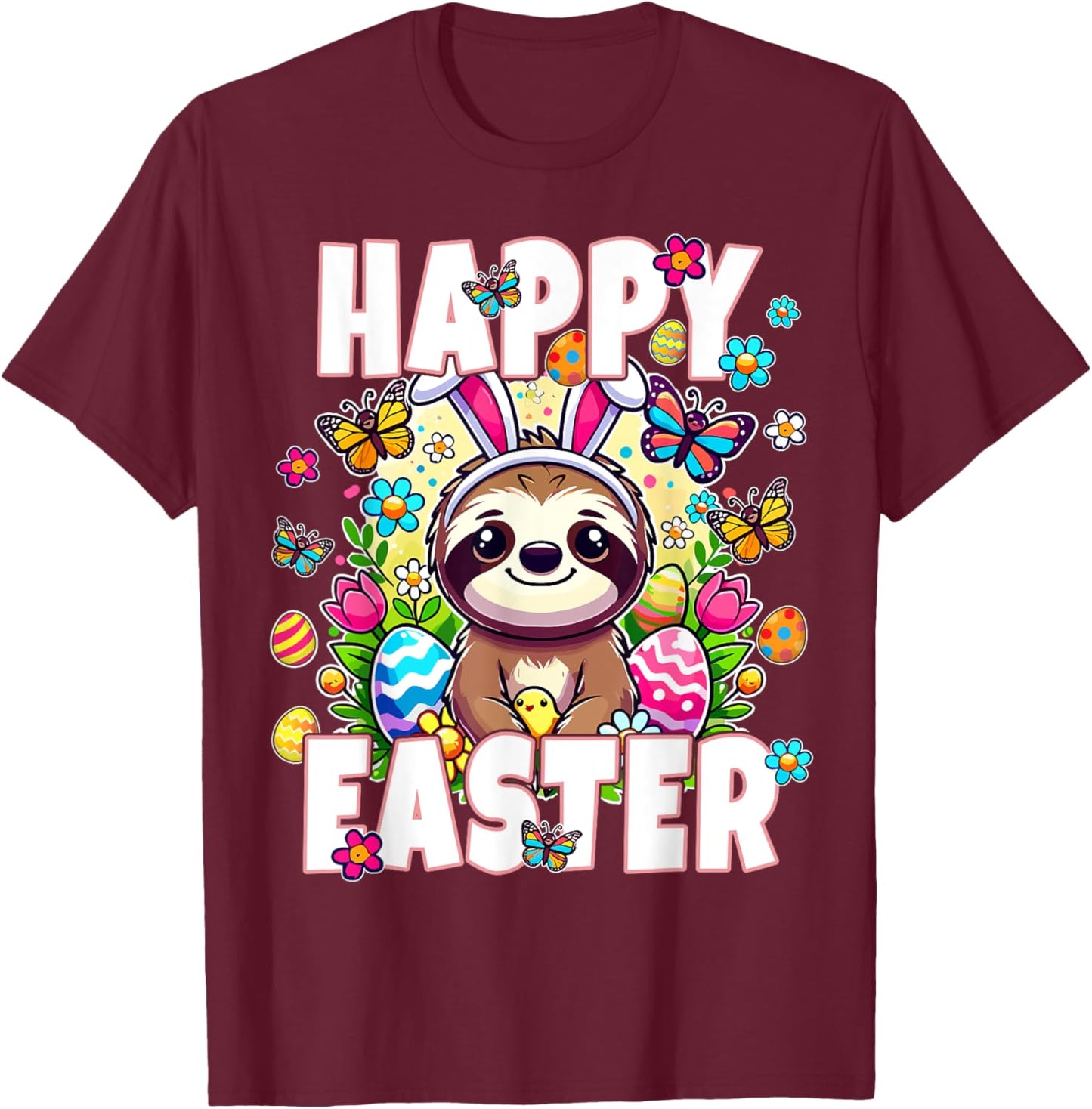 Happy Easter Bunny Sloth Easter Bunny Kids Adult Funny Sloth T-Shirt - T-Shirt | Maroon