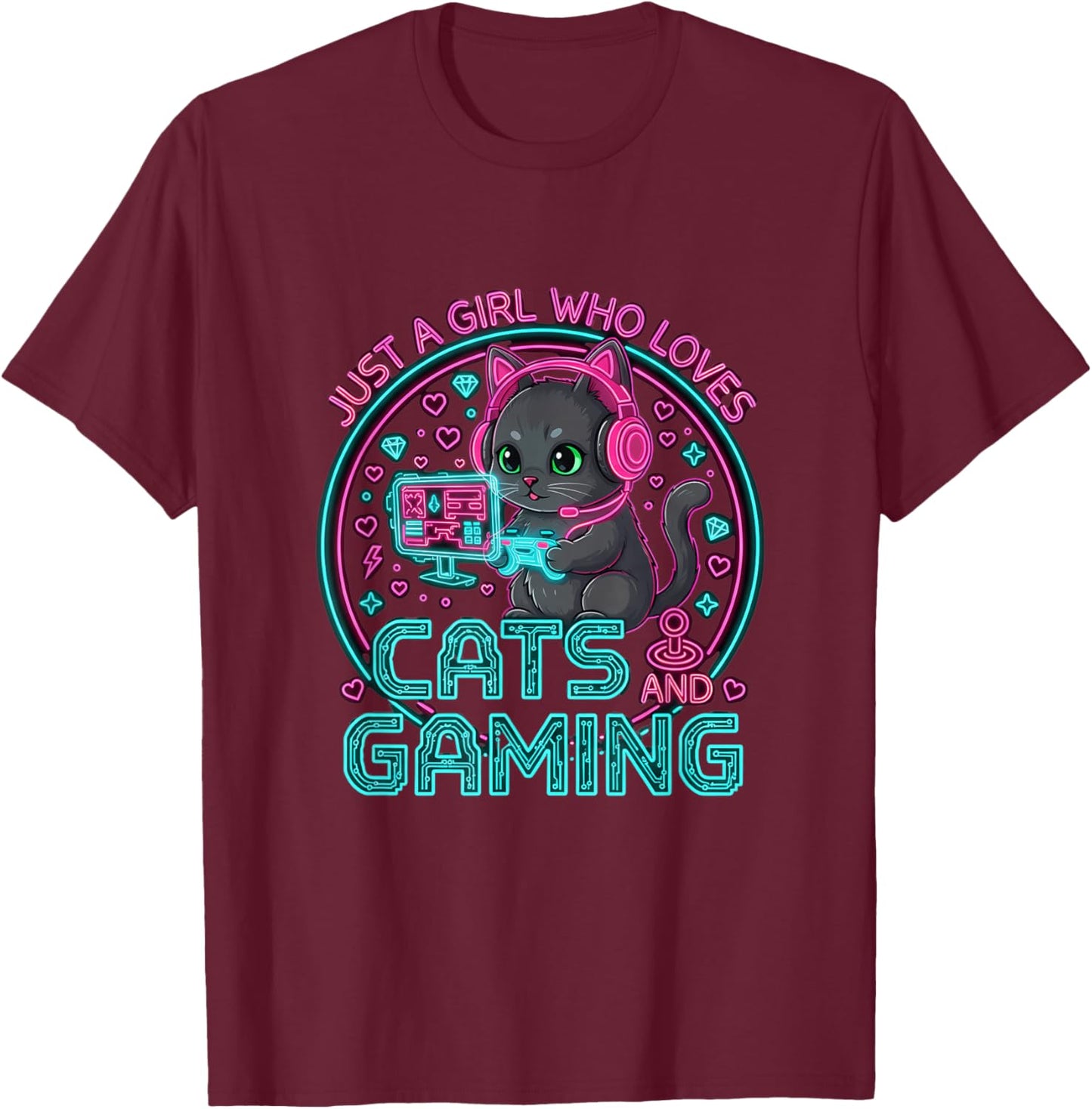 Just A Girl Who Loves Cats and Gaming Girls Gamer Cat T-Shirt - T-Shirt | Maroon