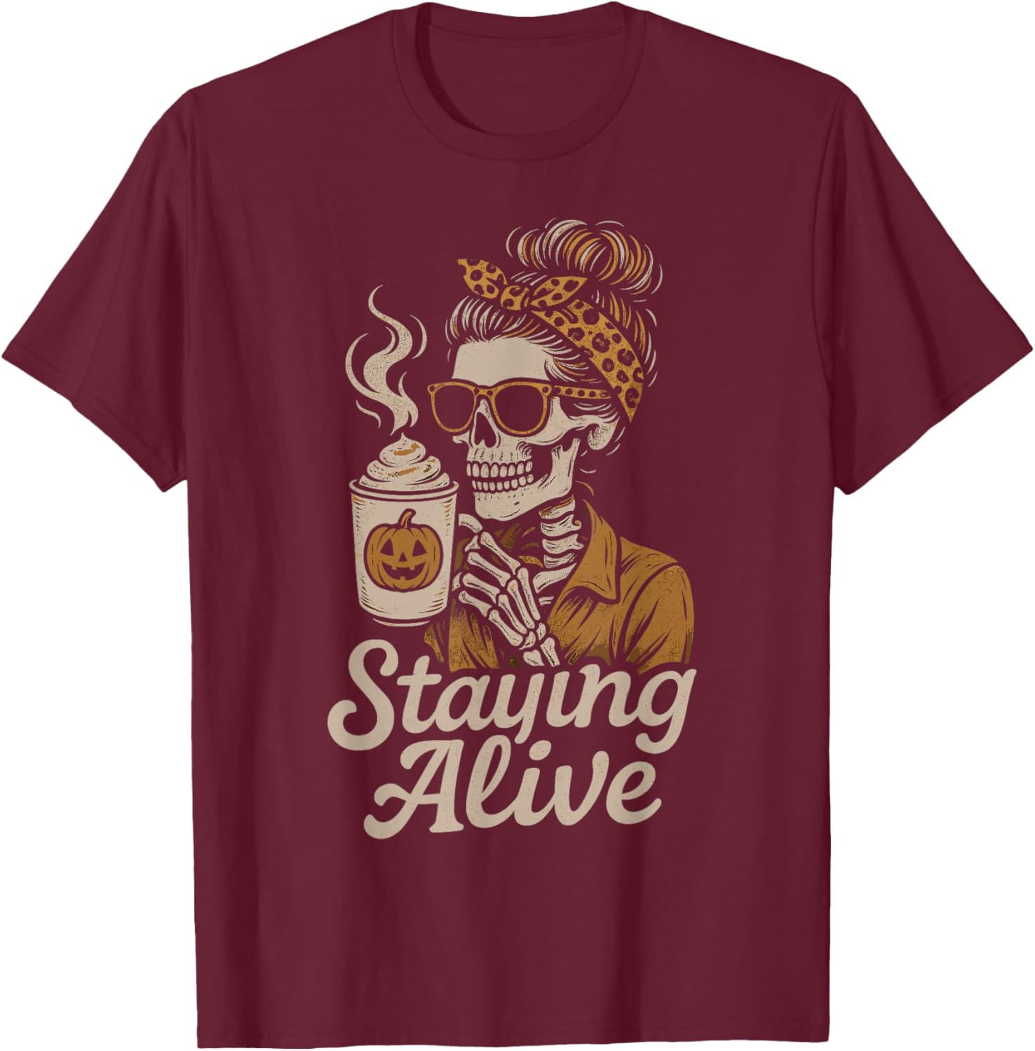 Staying Alive Spooky Skeleton Coffee Retro Halloween T-Shirt - T-Shirt | Maroon