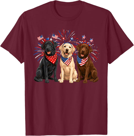 Cute Three Labrador Dogs American Flag 4th of July Patriotic T-Shirt - T-Shirt | Maroon