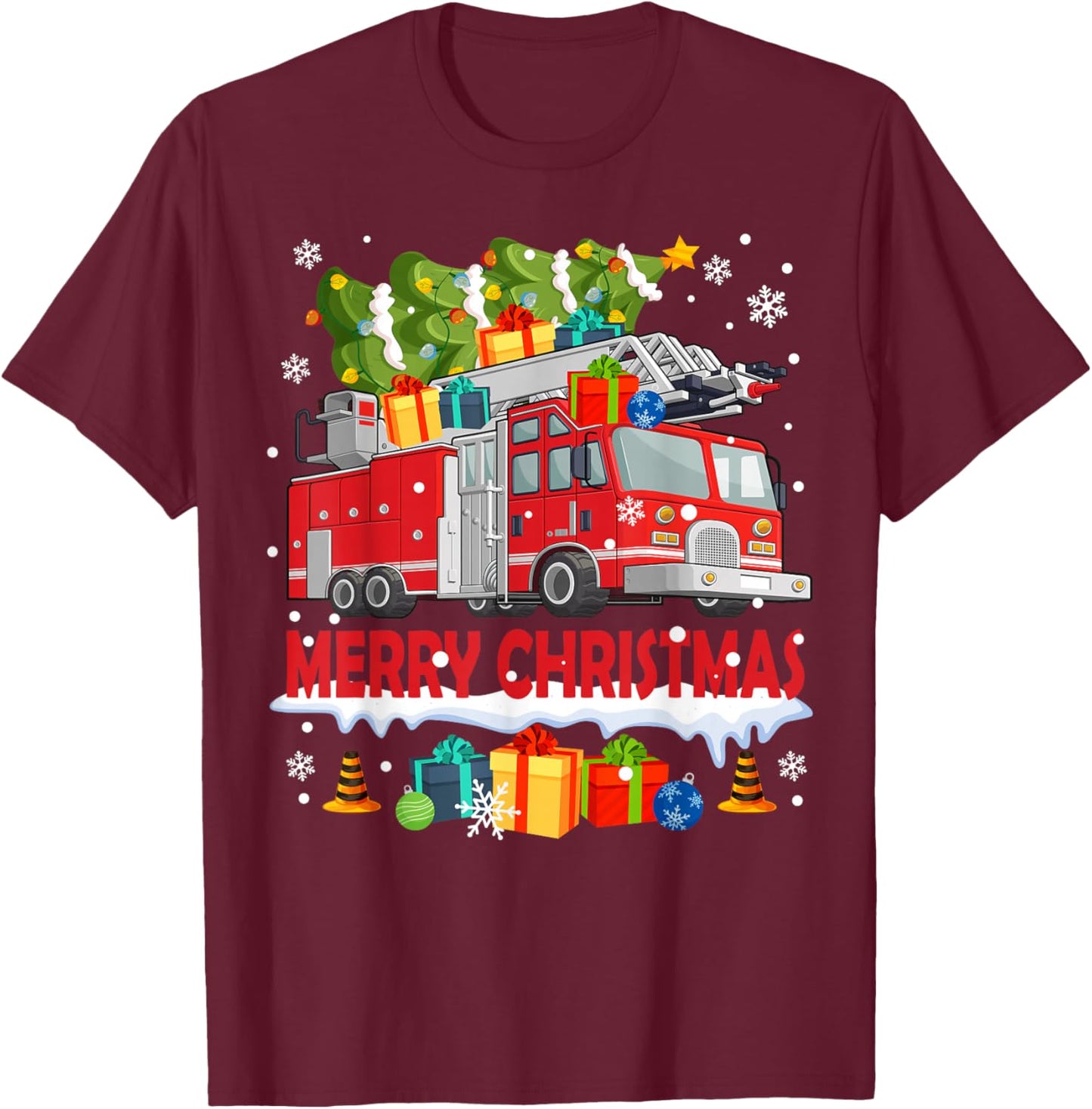 Funny Fire Truck & Christmas Tree Firefighter Xmas Pajamas T-Shirt - T-Shirt | Maroon