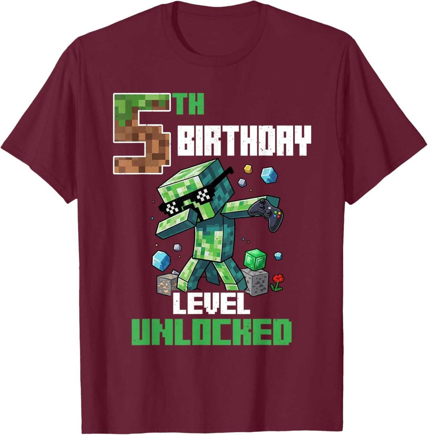 5th Birthday Level Unlocked Pixel Dab 5 Bday Gamer Boys Kids T-Shirt - T-Shirt | Maroon