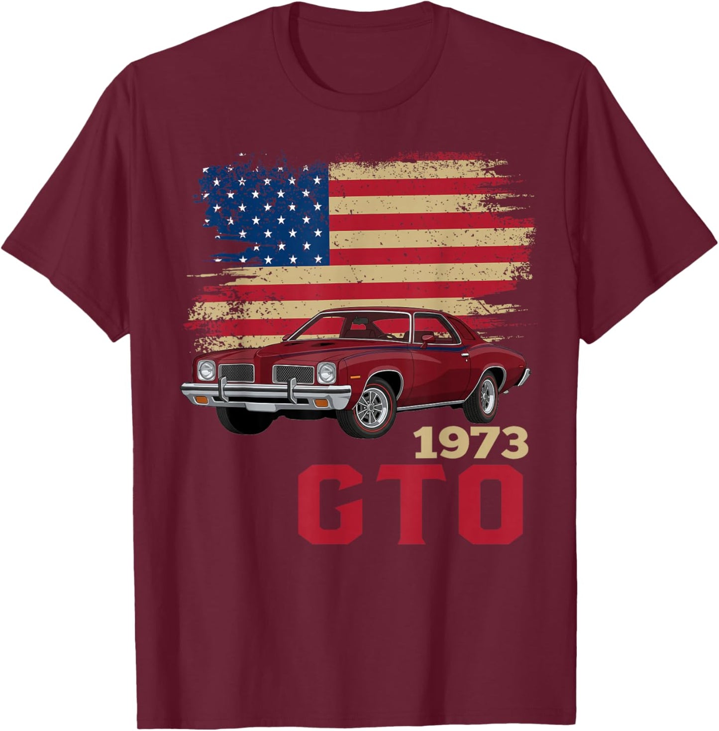73 1973 GTO American Flag Silhouette Muscle Car T-Shirt - T-Shirt | Maroon