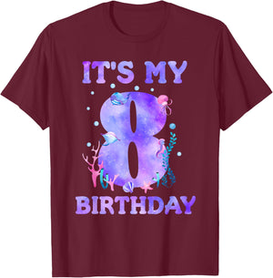 It's My 8th Birthday Girl Ocean 8 Years Old Sea Fish B-day T-Shirt - T-Shirt | Maroon