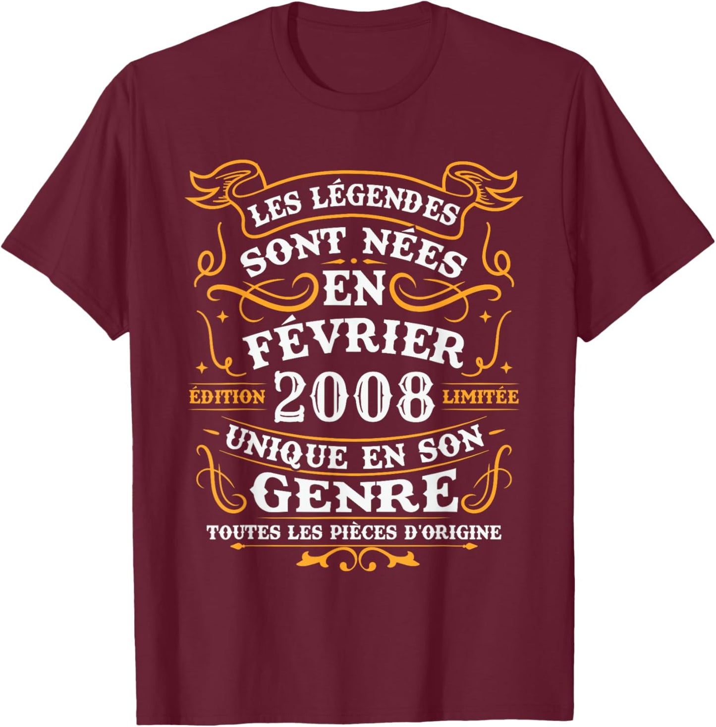 Vintage Birthday Gift 18 Years Born in February 2008 T-Shirt - T-Shirt | Maroon