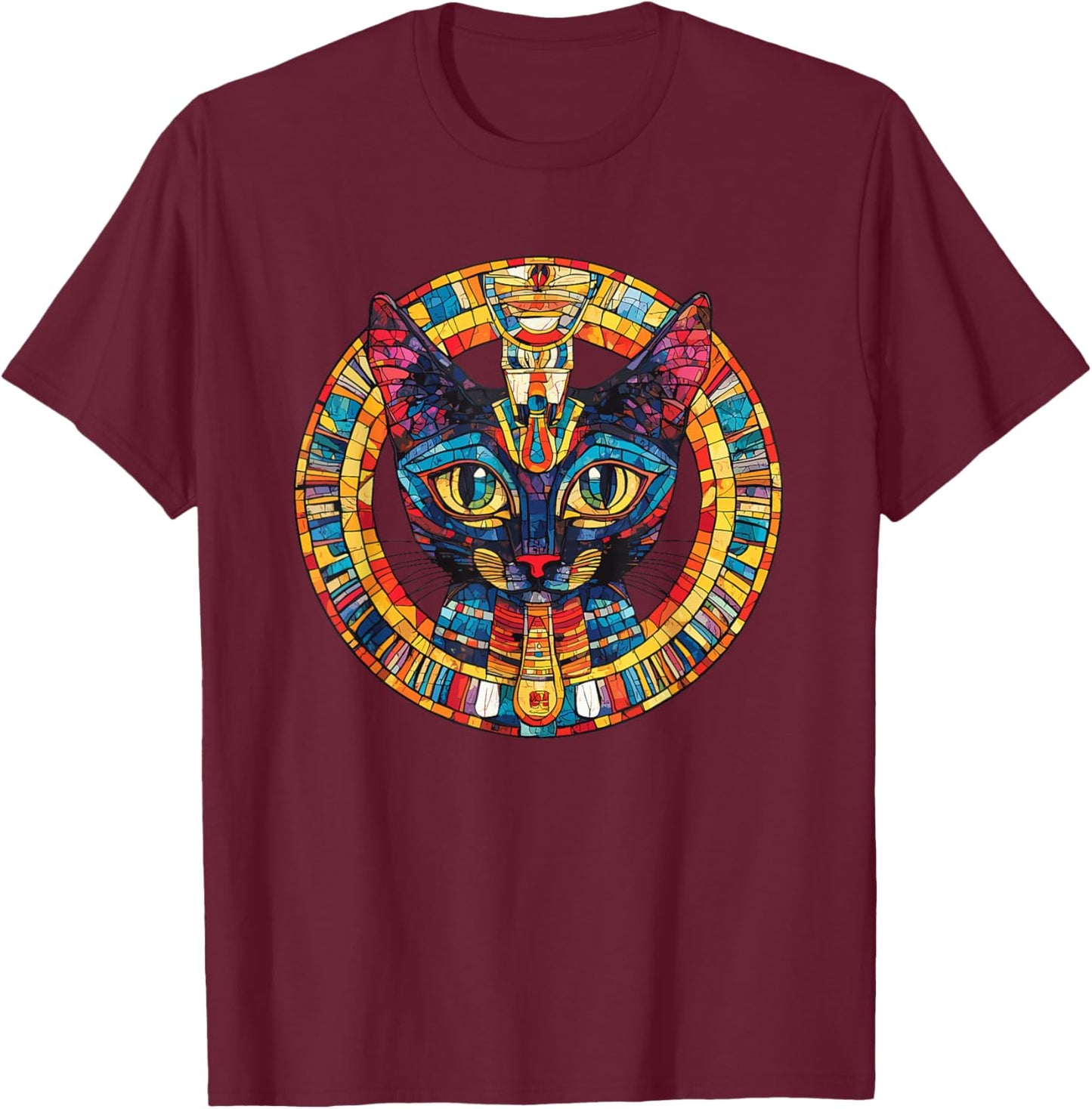 Ancient Bastet Cat Head Egyptian Mystic Circle T-Shirt - T-Shirt | Maroon