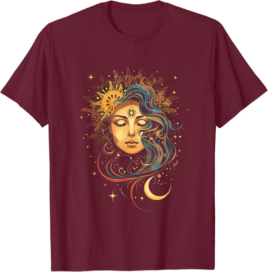 Mystic Sun and Moon Woman Mystical Flowers Aesthetic T-Shirt - T-Shirt | Maroon
