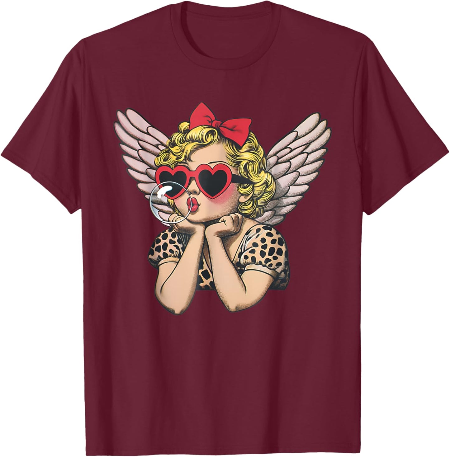 Cute Cupid Sunglasses Blowing Bubble Valentines Day Retro T-Shirt - T-Shirt | Maroon