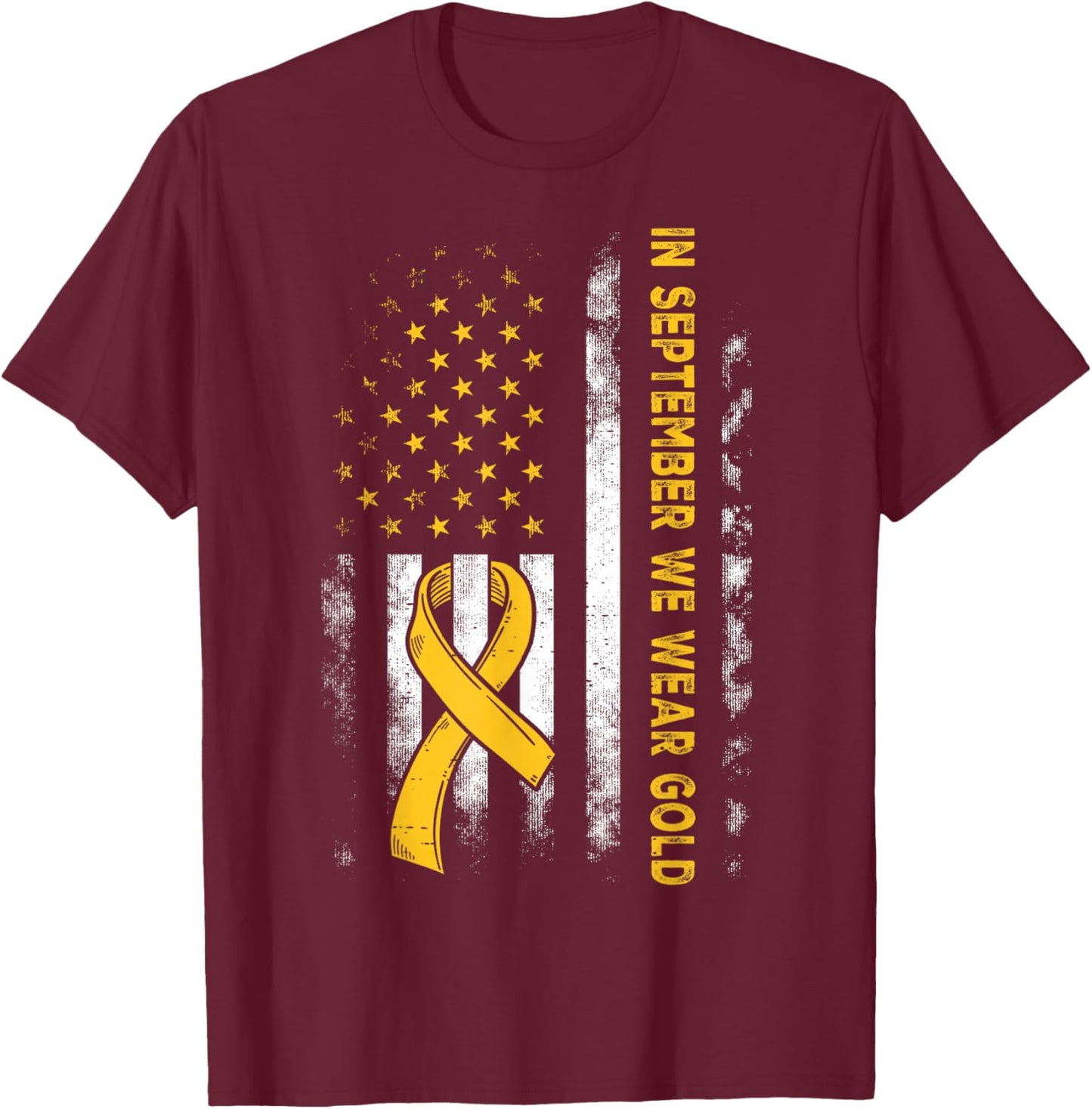 In September We Wear Gold Us Flag Childhood Cancer Awareness T-Shirt - T-Shirt | Maroon