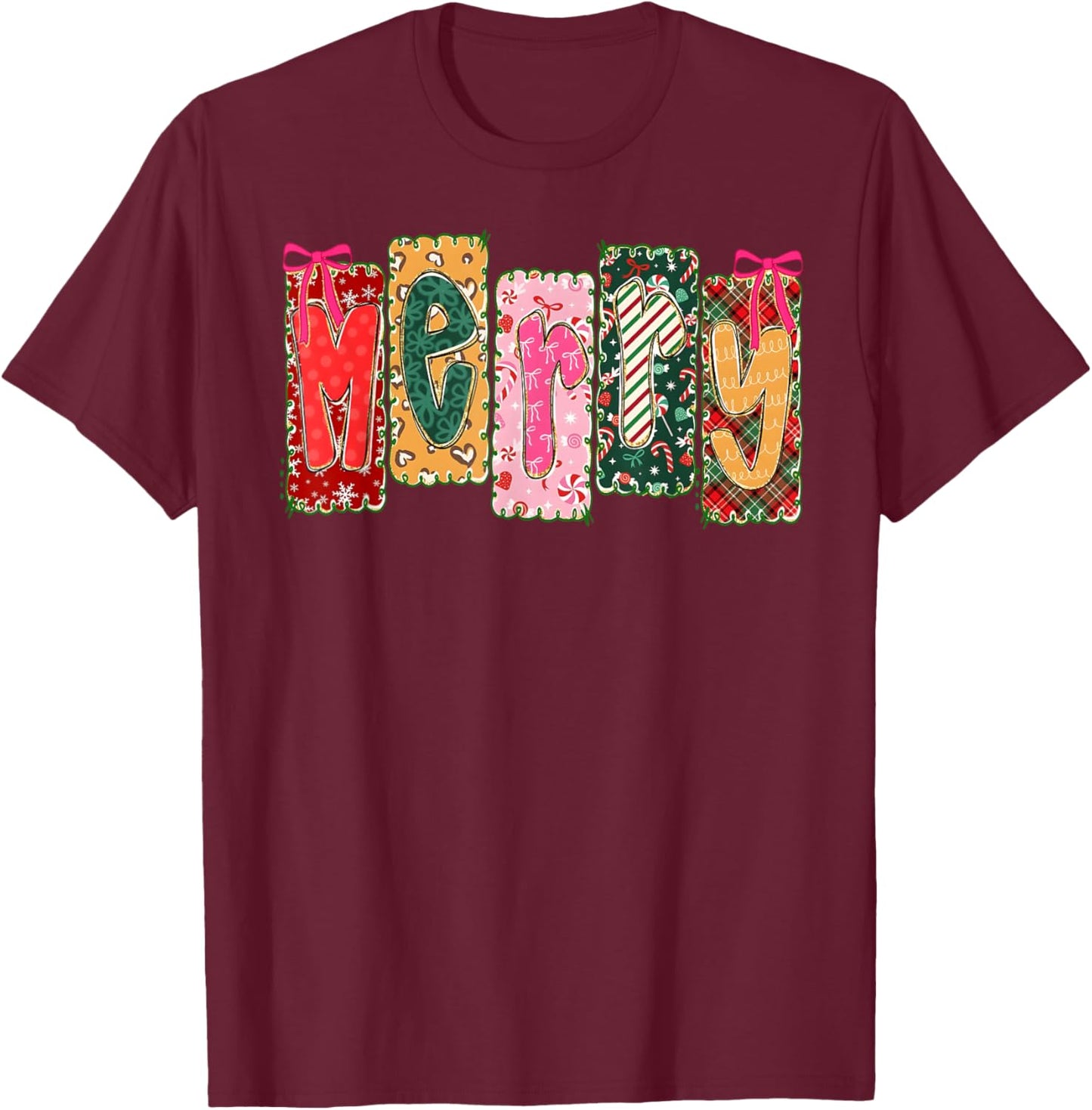 Merry Christmas Patchwork Merry Xmas Girl Women Floral Bows T-Shirt - T-Shirt | Maroon