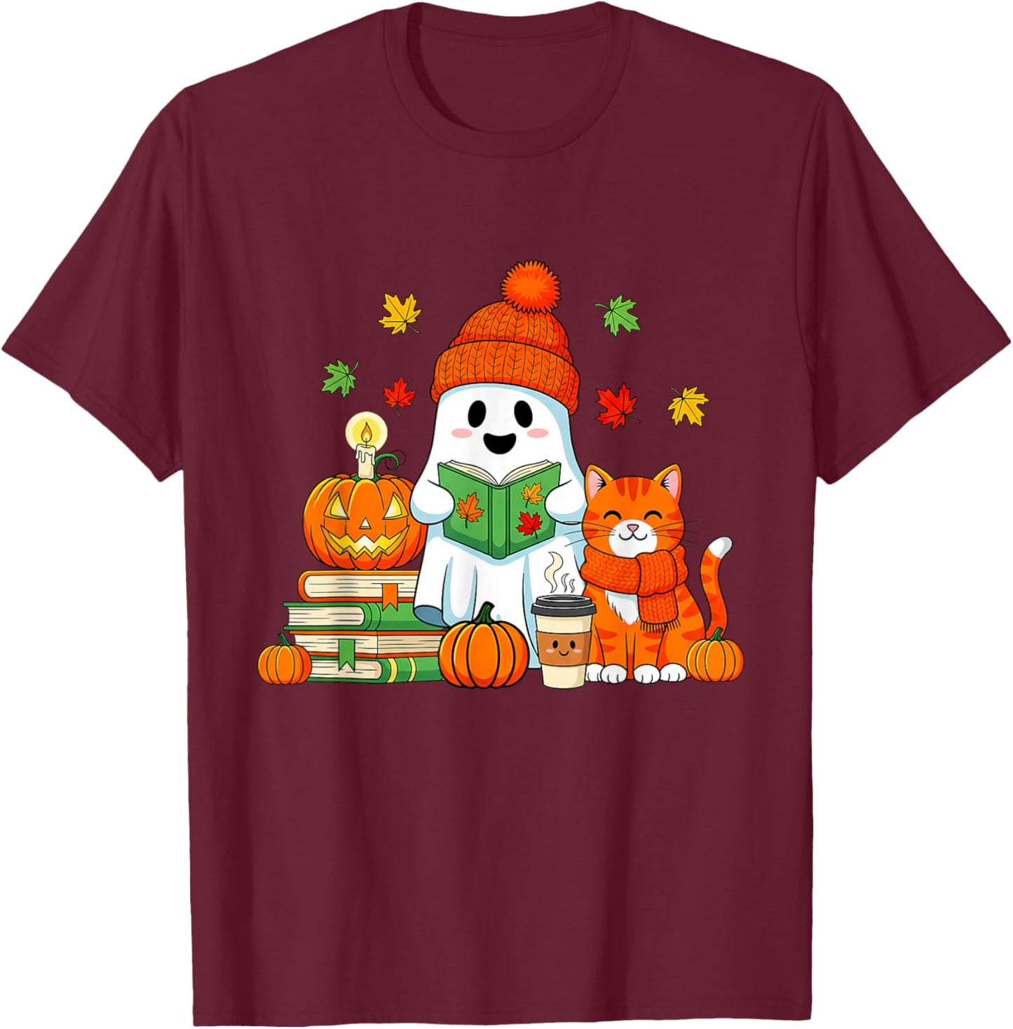 Cute Ghost Reading Book Lovers Autumn Fall Halloween Ghost T-Shirt - T-Shirt | Maroon