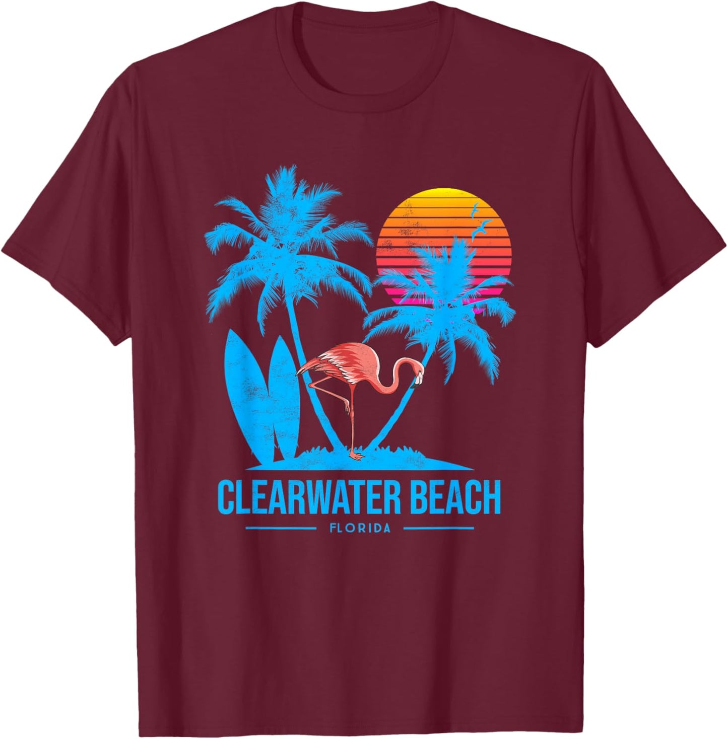 Clearwater beach. Flamingo and palm trees tropical sunset T-Shirt - T-Shirt | Maroon