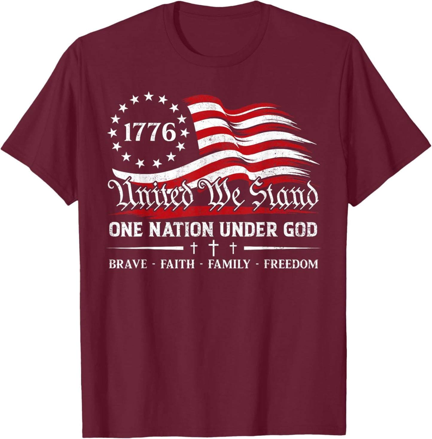 One Nation Under God US Flag Patriotic Christian 4th of July T-Shirt - T-Shirt | Maroon