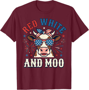 Red White and Moo Patriotic USA Flag Cow 4th of July T-Shirt - T-Shirt | Maroon
