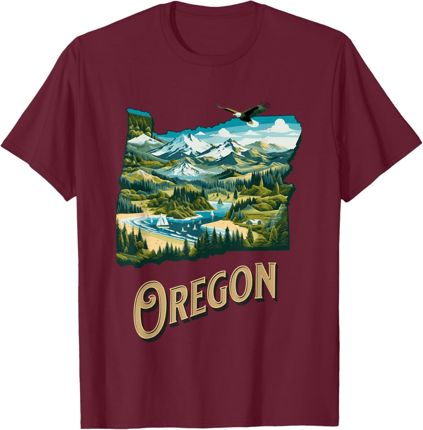 Oregon State PNW Nature Mt Hood Columbia River Eagle Forest T-Shirt - T-Shirt | Maroon