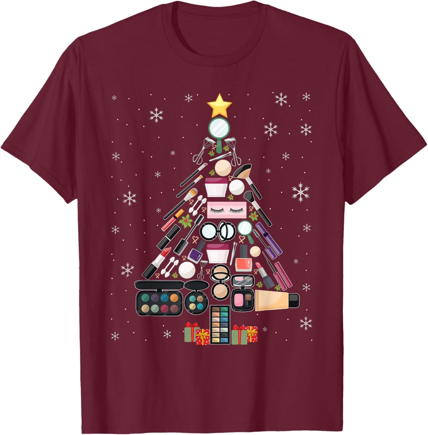 Makeup Artist Christmas Tree Merry Christmas Beautician T-Shirt - T-Shirt | Maroon