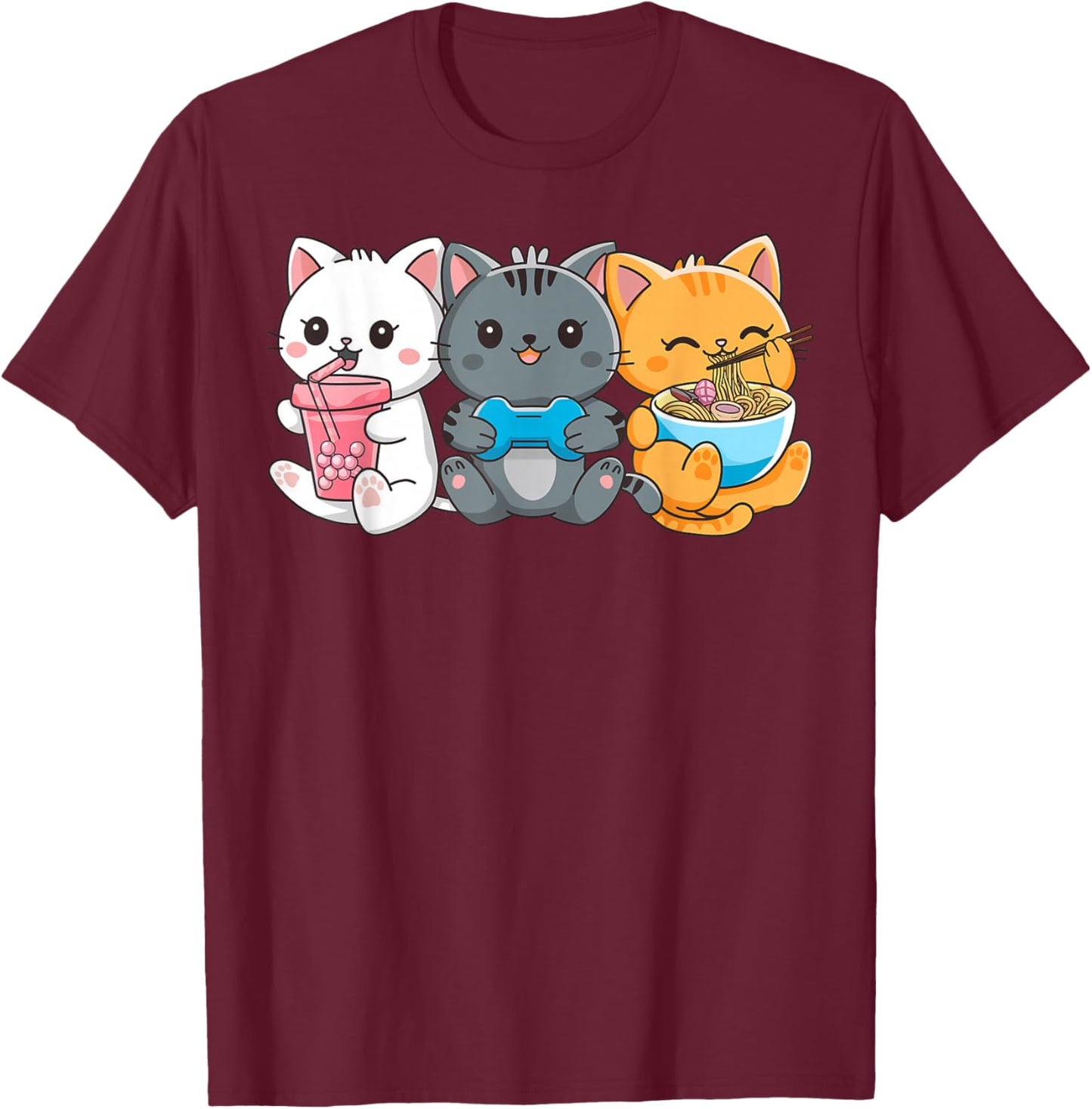 Anime Cat Boba Tea Gaming Ramen Cats Gifts Women Kid T-Shirt - T-Shirt | Maroon