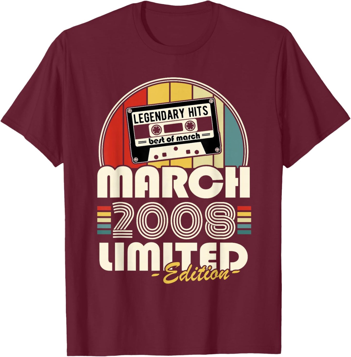 Vintage Birthday 18 Years Born in March 2008 Boys Girls T-Shirt - T-Shirt | Maroon