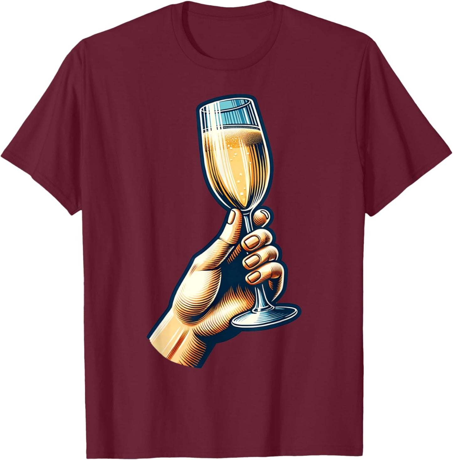Hand Holding Champagne Glass Cheerful Toast Illustration T-Shirt - T-Shirt | Maroon