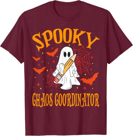 Spooky Chaos Coordinator Ghost Funny Halloween School T-Shirt - T-Shirt | Maroon