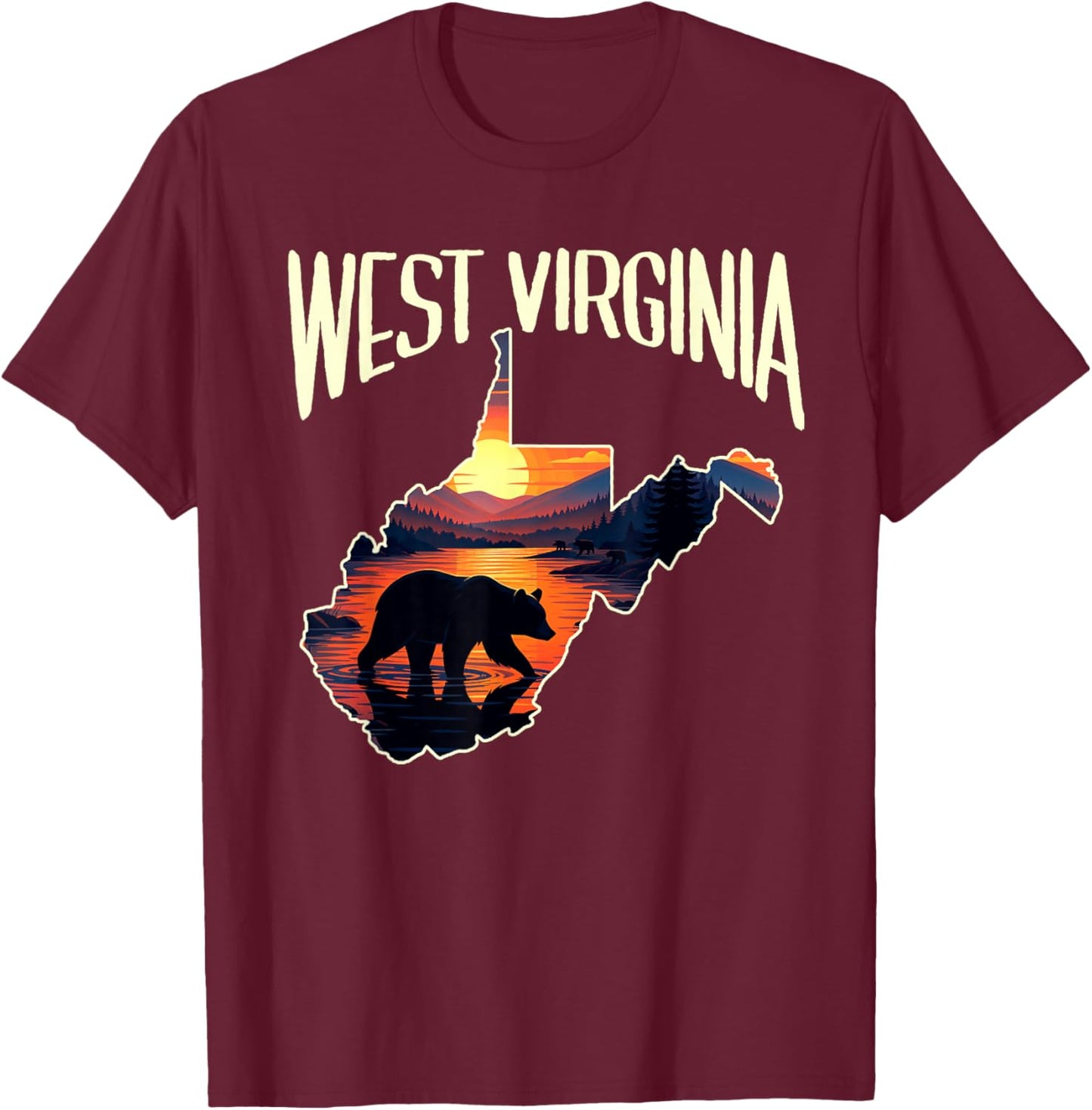 West Virginia State Map Traveling Souvenir Black Bear Sunset T-Shirt - T-Shirt | Maroon