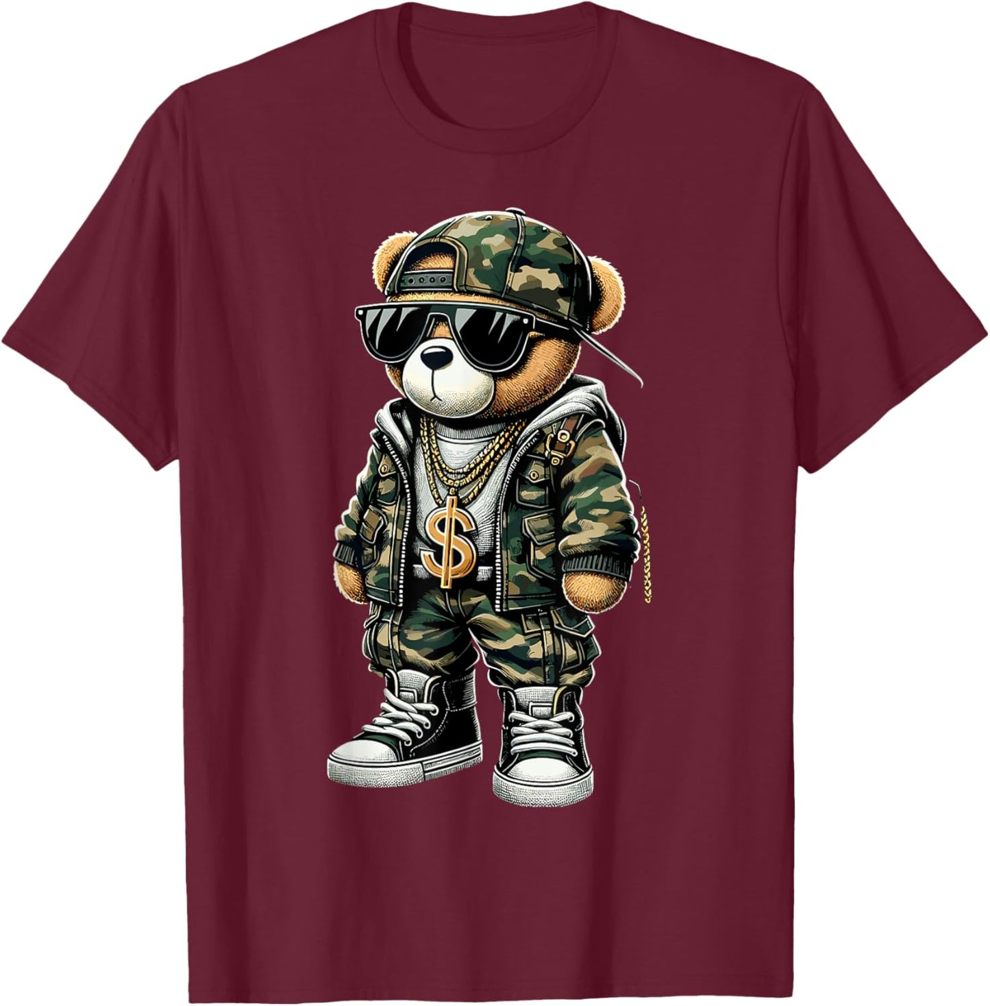 Camo Hip Hop Teddy Bear Camouflage T-Shirt - T-Shirt | Maroon