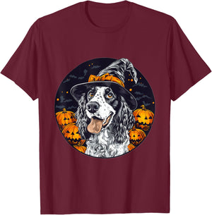 English Setter Dog Whitch Hat Halloween Pumpkin Spooky Happy T-Shirt - T-Shirt | Maroon