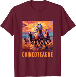 Colorful Watercolor Wild Horse Graphic Chincoteague Virginia T-Shirt - T-Shirt | Maroon