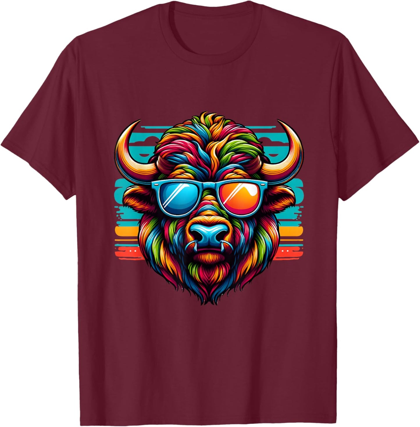 Colorful Art Bison Buffalo Wearing Sunglasses Cheerful Color T-Shirt - T-Shirt | Maroon