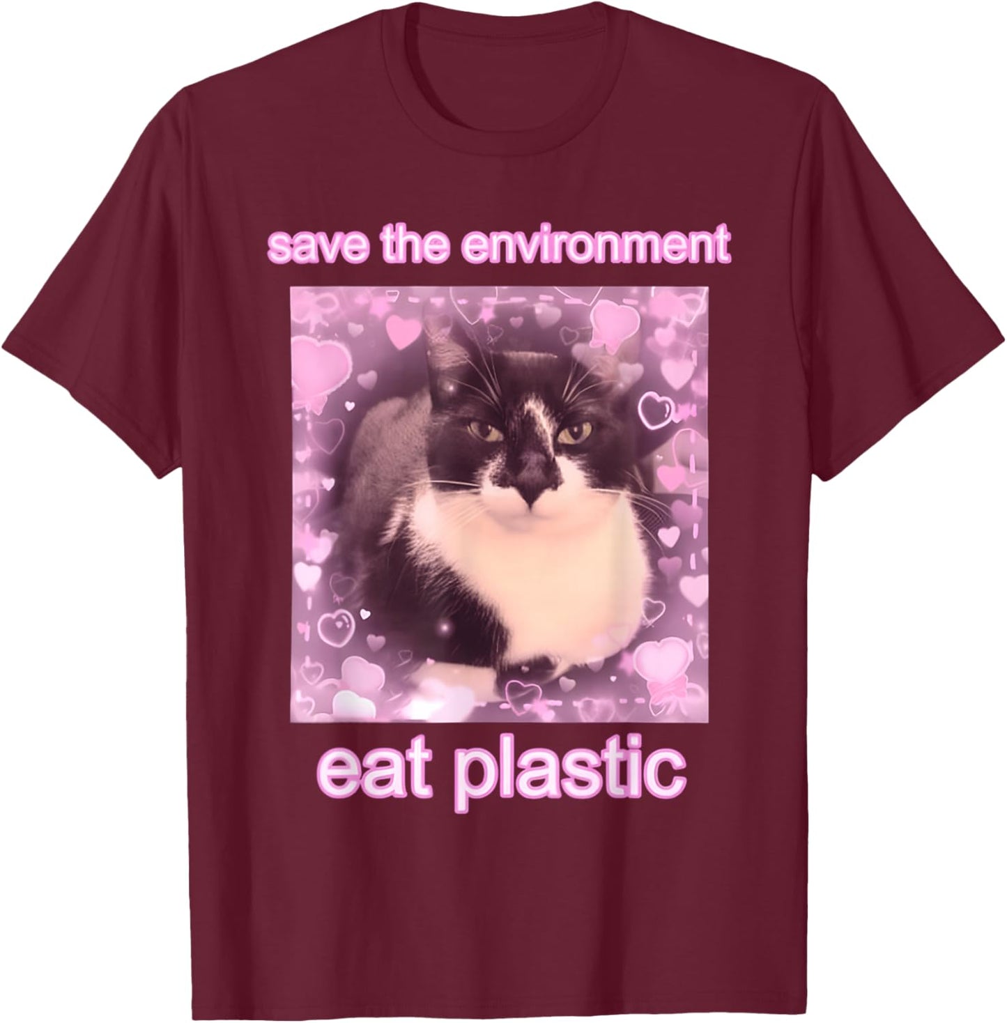 Cat Save The Environment Eat Plastic T-Shirt - T-Shirt | Maroon