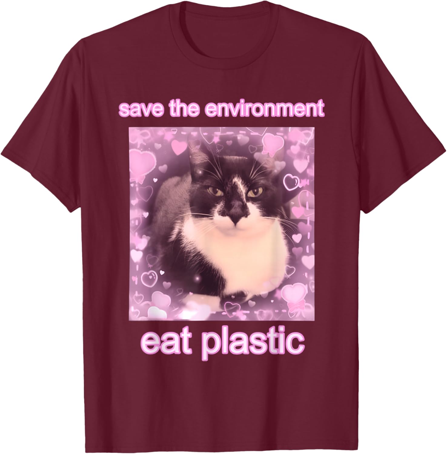 Cat Save The Environment Eat Plastic T-Shirt - T-Shirt | Maroon