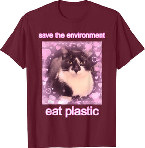 Cat Save The Environment Eat Plastic T-Shirt - T-Shirt | Maroon