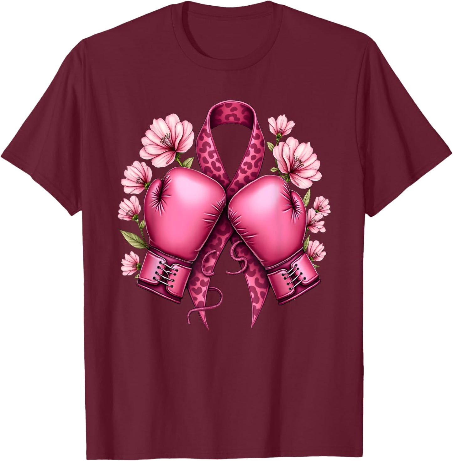 Leo Print Pink Ribbon Boxing Gloves Breast Cancer Awareness T-Shirt - T-Shirt | Maroon