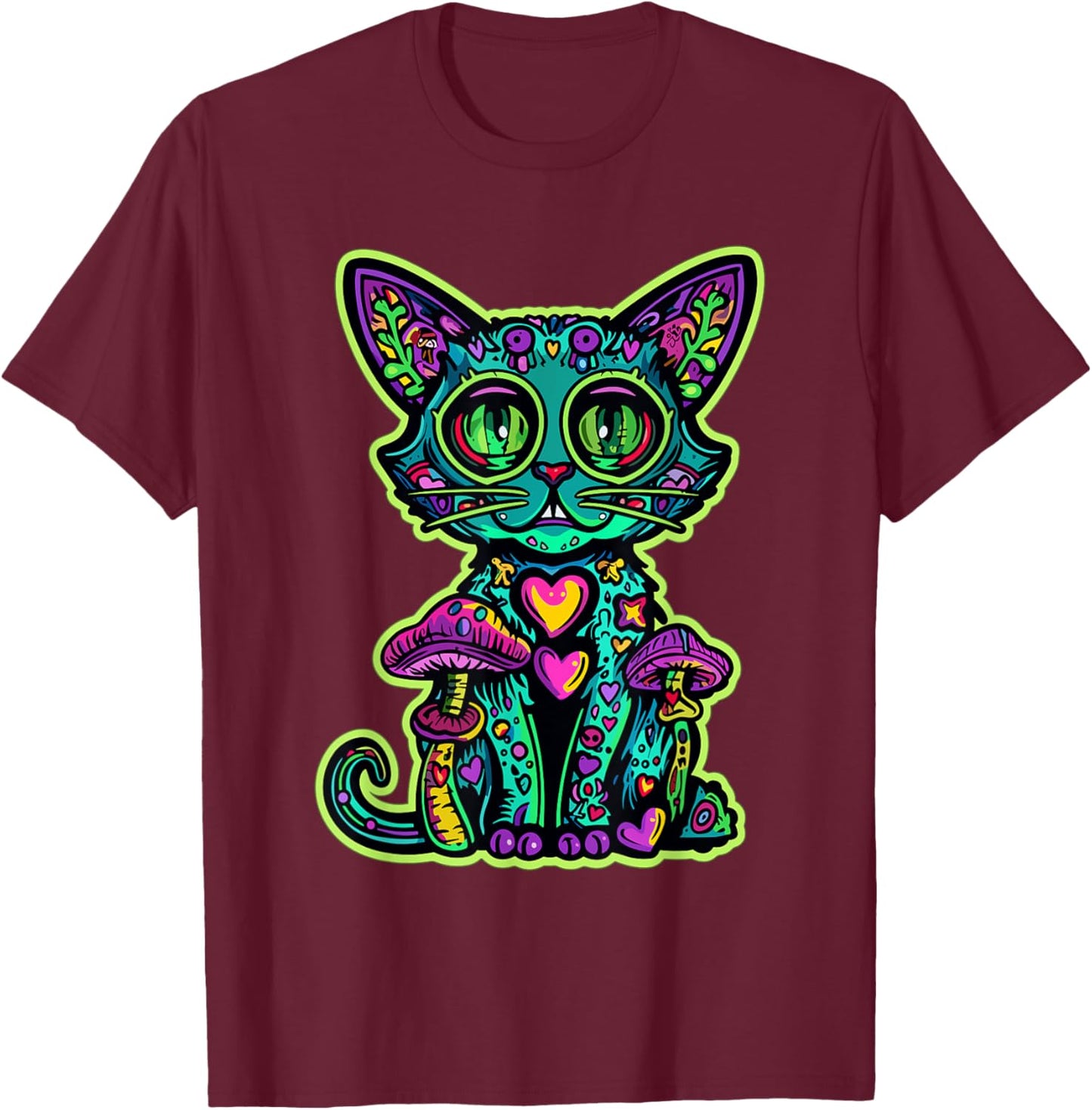 Psychedelic Cat Mushroom Art EDM Rave Men Women T-Shirt - T-Shirt | Maroon