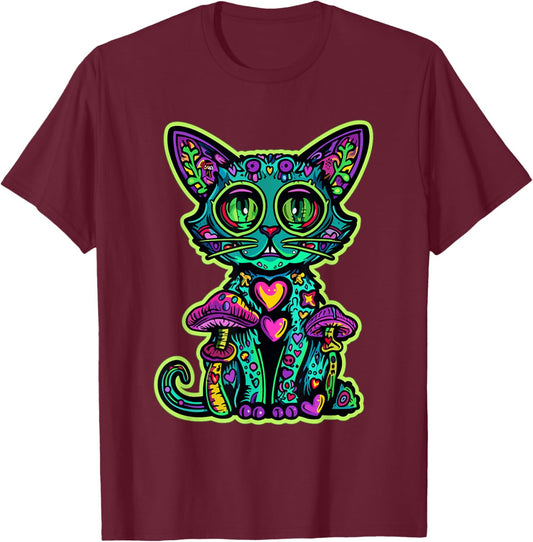 Psychedelic Cat Mushroom Art EDM Rave Men Women T-Shirt - T-Shirt | Maroon