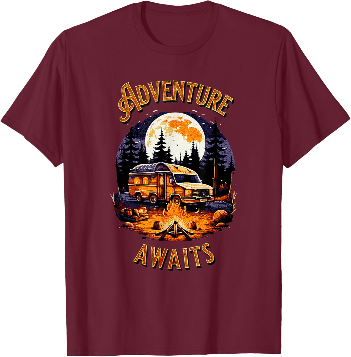 Adventure Awaits RV Camper Van Moonlight Camping Scene T-Shirt - T-Shirt | Maroon
