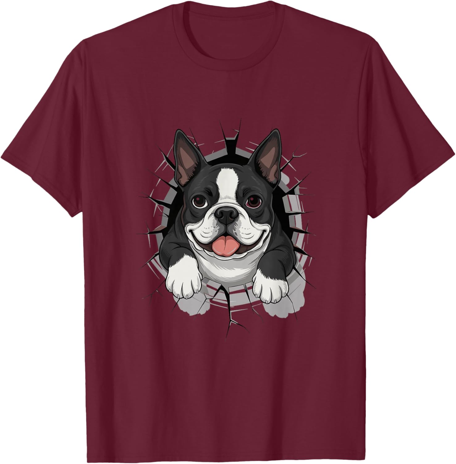 Cracked Wall Boston Terrier T-Shirt - T-Shirt | Maroon