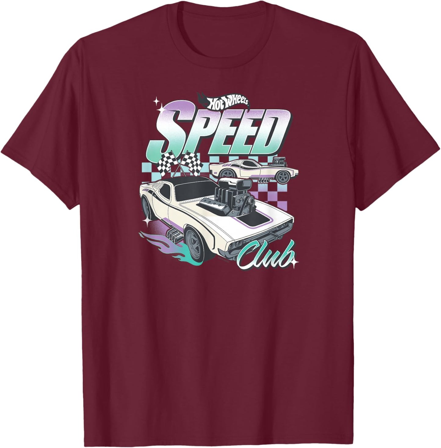Hot Wheels Speed Club Cars with Checked Background T-Shirt - T-Shirt | Maroon